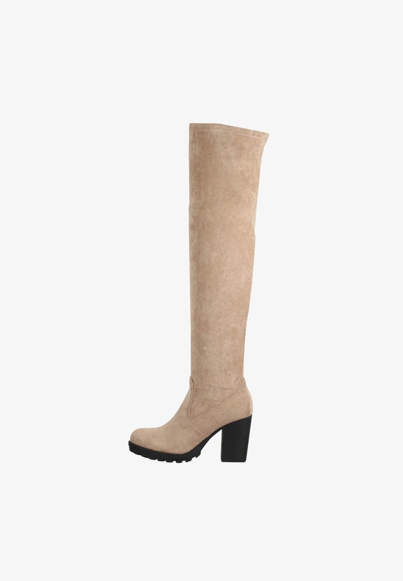 Suedes over-the-knee støvler i lys beige, med en tekstureret overflade, sort blokhæl og en rund tå med subtile syninger.