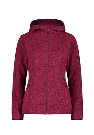 Damen-Fleecejacke in Weinrot mit Reißverschluss, Kapuze, zwei Reißverschlusstaschen vorne und einer Reißverschlusstasche am linken Ärmel.