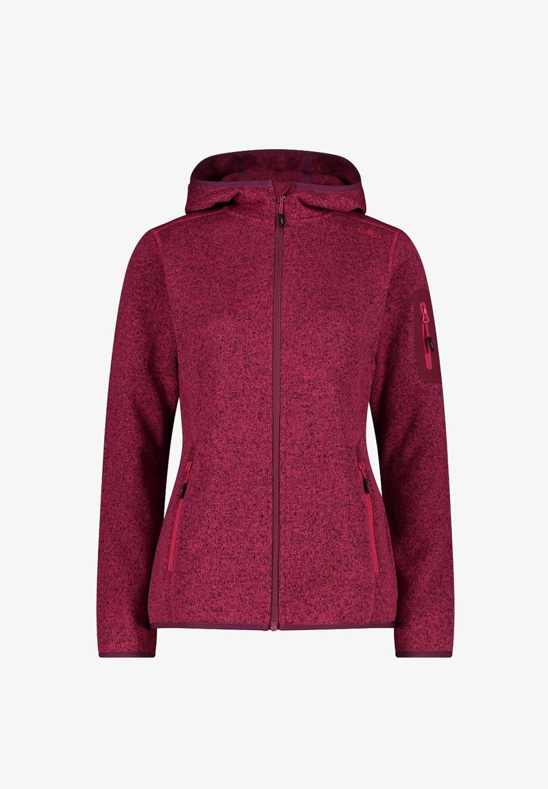 Veste en polaire bordeaux pour femme avec fermeture éclair, capuche, deux poches zippées à l'avant et une poche zippée sur la manche gauche.