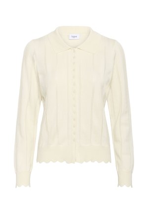 Cardigan tricoté couleur crème avec un col, une fermeture à boutons, une texture en côtes verticales et un ourlet et des poignets à volants.