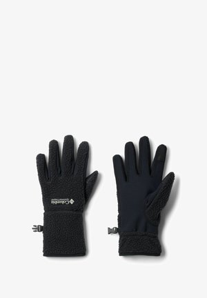 Guanti in pile neri con un esterno texturizzato, fodera interna liscia, cinturini regolabili ai polsi e un logo nella zona del palmo.