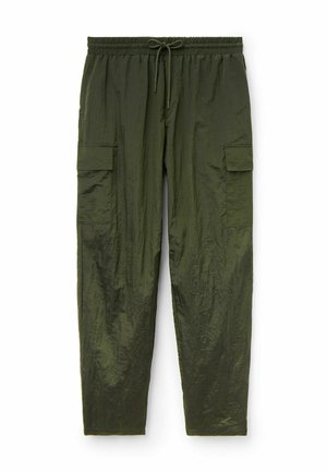 Cargo-Hosen in dunkelolivgrün, mit einem glänzenden, strukturierten Stoff, elastischem Taillenbund mit Kordelzug und zwei Cargo-Taschen an den Seiten.