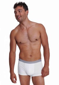 Białe bokserki z szarą elastyczną talią, dopasowany fason, miękka tekstura oraz przeszycia na przednim panelu.