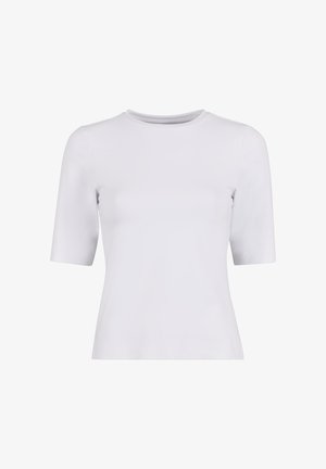 Camisa de algodón blanca de manga corta con cuello redondo, hecha de una tela suave, con una silueta ajustada y sin patrones ni elementos metálicos visibles.