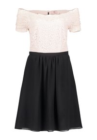 Sukienka z odkrytymi ramionami z jasnoróżową koronką na górze i krótkimi rękawami, w połączeniu z plisowaną spódnicą do kolan w czarnym kolorze.