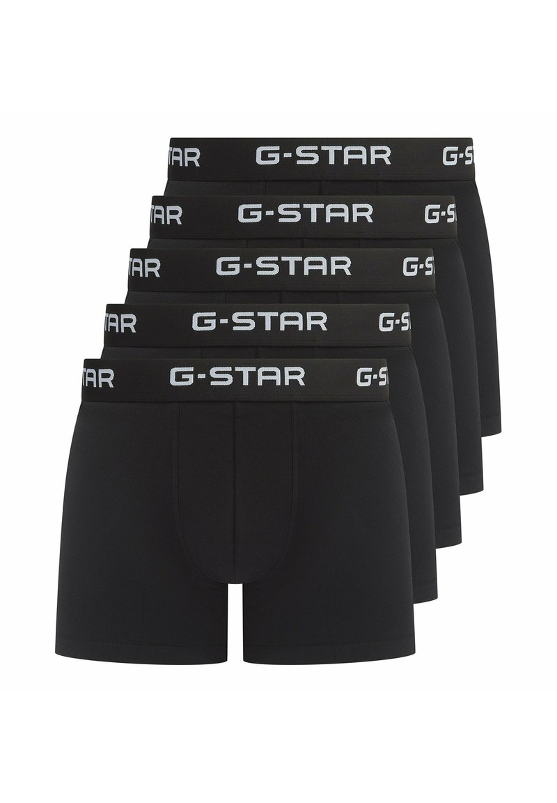 Schwarze Boxershorts im Fünferpack. Hergestellt aus einem glatten Material mit einem schwarzen Bund, der das "G-STAR"-Logo in Weiß trägt.