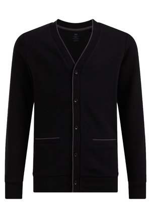 Cardigan negro abotonado, de manga larga, escote en V, tela texturizada y dos bolsillos delanteros de vivo con detalles sutiles en el borde.