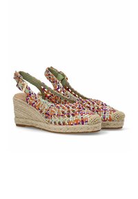 Sandalias de cuña de talón abierto, con parte superior de textil multicolor, entresuela de yute natural, puntera redondeada y correa ajustable en el tobillo.
