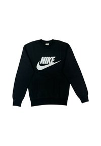 Sudadera negra hecha de una mezcla de algodón, con un gran logo blanco de Nike en el frente, cuello redondo y puños y dobladillo acanalados.