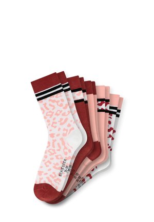 Seven pairs of crew socks featuring various colors: pink, red, and white. Patterns include leopard print and striped accents at the top.