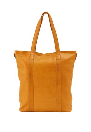 Suur beež nahast õlakott kahe pika rihmaga ja vertikaalsete õmblustega valgel taustal.