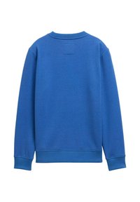 Felpa blu con scollo rotondo, polsini e orlo a costine. Tessuto liscio con un piccolo logo quadrato sulla parte superiore della schiena.