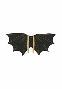 Accesoriu de costum cu aripi de liliac negre, cu formă de aripă, cusături aurii accentuate și două barete sclipitoare la centru pentru fixare sigură.