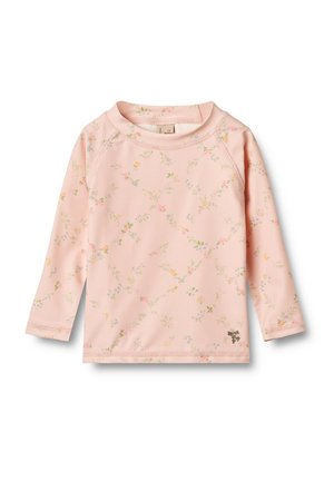 Hellrosa Langarmoberteil mit einem floralen Muster in Pastellfarben, Rundhalsausschnitt und weichem Stoff mit Raglanärmeln.