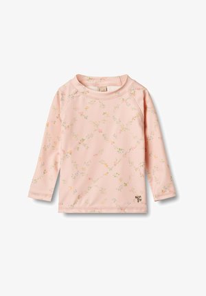 Világos rózsaszín, hosszú ujjú felső, amely pasztell színű virágmintával, kerek nyakkivágással és puha anyagból készült, raglán ujjak jellemzik.