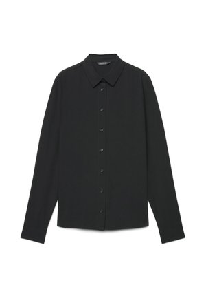 Chemise noire à manches longues avec col et boutons, présentée à plat sur fond blanc.