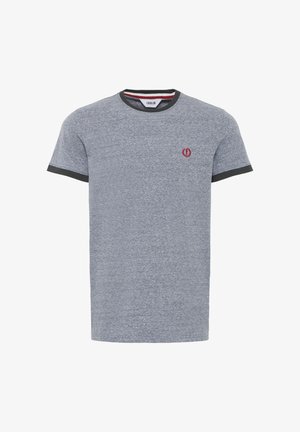 Gray T-shirt with a subtle heathered texture, black crew neck and sleeve trims, and a small red logo on the chest.