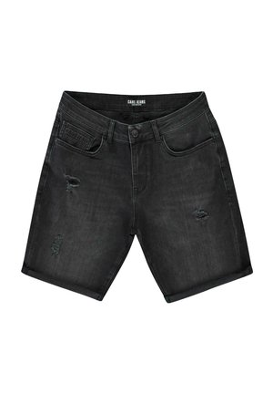 Zwarte denim shorts met een versleten ontwerp, voorzien van rafelige randen, zijzakken en een merkembleem op de tailleband.