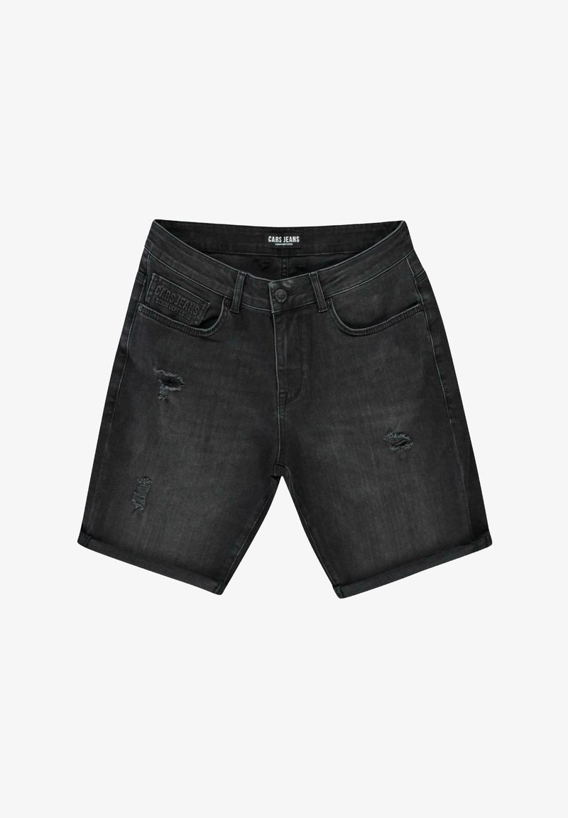 Zwarte denim shorts met een versleten ontwerp, voorzien van rafelige randen, zijzakken en een merkembleem op de tailleband.