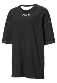 T-shirt in cotone nero con maniche corte, collo rotondo e logo bianco "PUMA" sul petto. Presenta dettagli di cucitura a contrasto sottili.