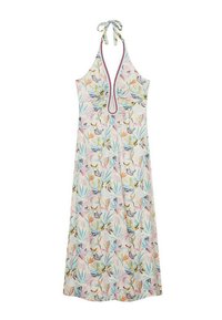 Vestido sin mangas con un patrón de flores y pájaros en colores pastel. Confeccionado en tejido ligero, cuenta con un cuello halter y un acabado en contraste.