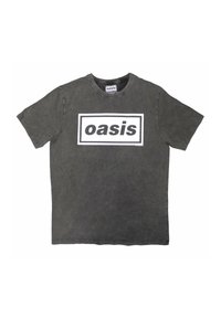 Dark gray cotton t-shirt with short sleeves, round neck, and a white rectangular printed logo "oasis" in bold letters on the front.
