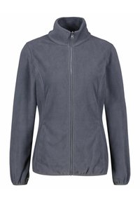 Harmaa fleece-takki, jossa on korkea kaulus, täysipitkä vetskari edessä, sivutaskut ja joustavat hihansuut. Pehmeä pinta, rento muotoilu ja kevyt ulkonäkö.