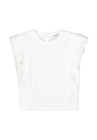 Top blanco de manga corta con acentos de hombro rizados y detalles de encaje a lo largo de los lados. Textura suave, escote redondo y cierre en forma de ojal en la parte posterior.