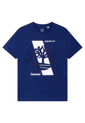 Marineblauw katoenen T-shirt met een wit grafisch ontwerp, met een boomlogo en de tekst "Opgericht in 1973", ronde hals en korte mouwen.