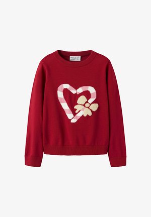 Rode trui met een geribbelde halslijn en manchetten. Het heeft een hartontwerp in crèmekleurige en roze strepen, aangevuld met een textuur bloemdetail.