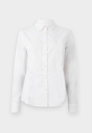White long-sleeve button-up shirt with collar, tailored fit, and buttons down the center front on a plain light background.