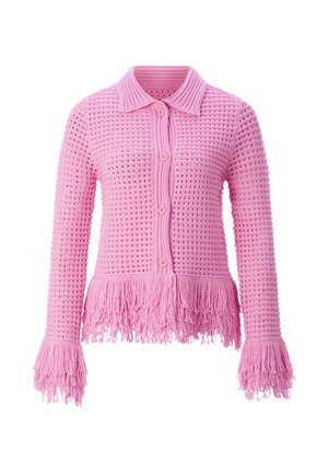 Rozā adīts poga uz augšu džemperis ar apkakli, atvērtas aušanas rakstu un bārkstīm apakšmalā un aprocēs.