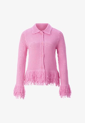 Pink knitted button-up cardigan with a collar, open weave pattern, and fringe details on the hem and cuffs.