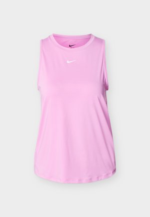 Be rankovių, šviesiai rožinė sportinė palaidinė su apvalia iškirpte ir mažu baltu Nike logotipu krūtinės centre.