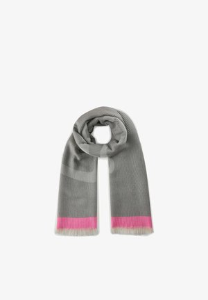 Gray knit scarf with a geometric pattern, featuring a bright pink accent at the ends and soft fringe detailing.