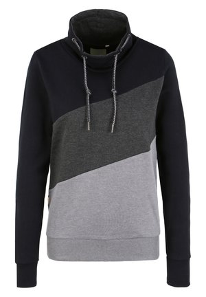 Pullover hoodie in marineblauw, grijs en lichtgrijs. Beschikt over een hoge kraag, verstelbare trekkoorden en ribgebreide manchetten. Zachte, gestructureerde katoenmix.