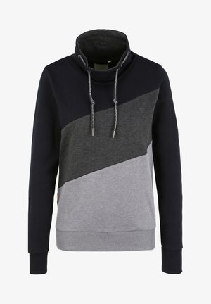Sweat à capuche en marine, gris et gris clair. Avec un col haut, des cordons réglables et des poignets côtelés. Mélange de coton doux et texturé.