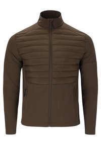 Brown jacket featuring a zip front, a high collar, and padded sections across the chest. The sleeves and sides are smooth-textured fabric.