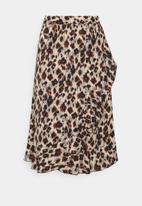 Midi-Rock mit braunem und schwarzem Leopardenmuster, asymmetrischem Rüschendetail entlang der rechten Seite und dem Saum, elastischem Bündchen.
