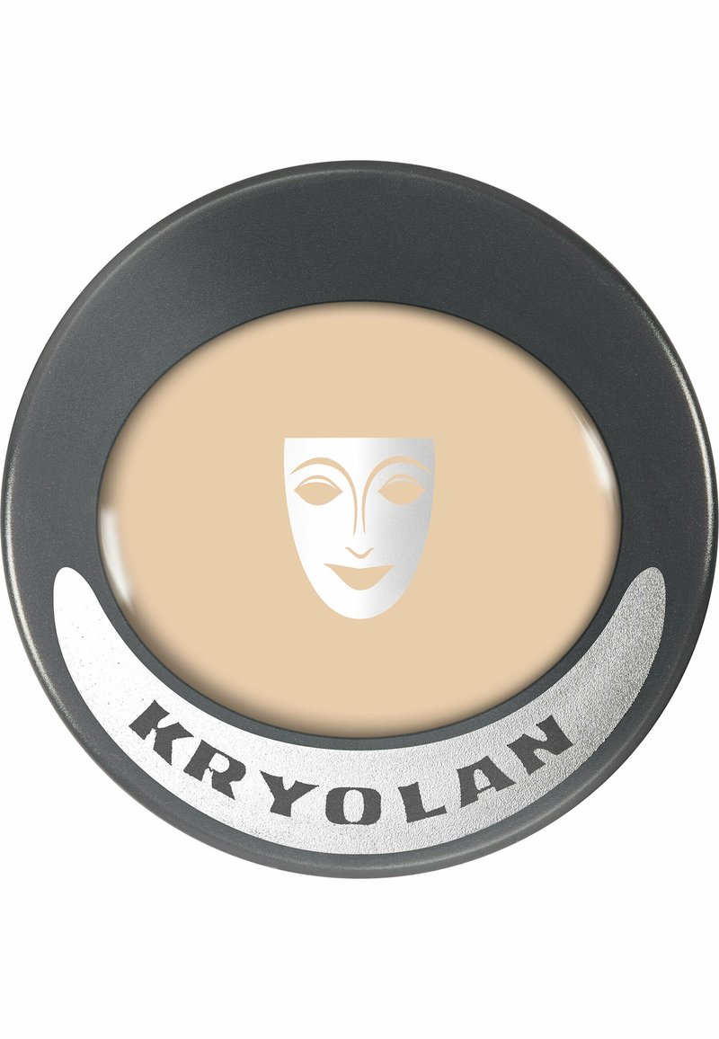 Kryolan cream foundation in a round gray compact. Features a beige product surface with a silver mask logo and black text around the edge.