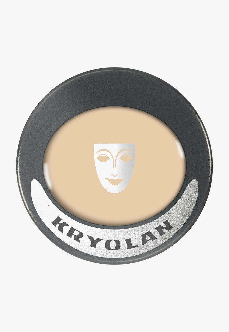 Kryolan cream foundation in a round gray compact. Features a beige product surface with a silver mask logo and black text around the edge.