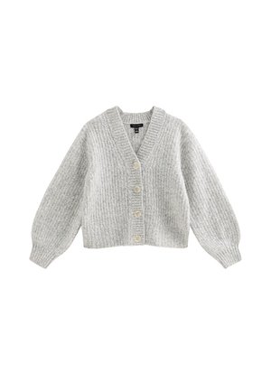 Jasnoszary kardigan z dzianiny wełnianej z dekoltem w serek, prążkowaną fakturą, długimi rękawami i czterema dużymi beżowymi guzikami z przodu.