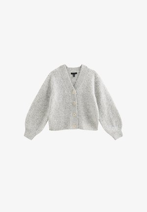 Cardigan in maglia di lana grigio chiaro con scollo a V, texture a coste, maniche lunghe e quattro grandi bottoni beige sulla parte anteriore.