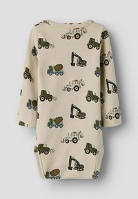 Beiger langärmeliger Bodysuit mit Illustrationen von grünen und weißen Traktoren und Baumaschinen, hergestellt aus weichem Baumwollmaterial.