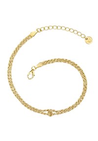 Goldener geflochtener Kettenarmreif mit einem Verschluss und verstellbarer Länge, der an einem Ende einen runden Anhänger mit einem Symbol aufweist.