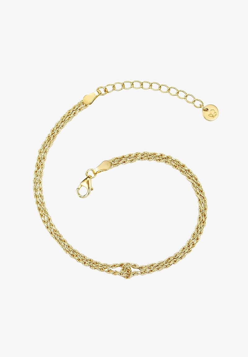 Auksinė pynimo grandinėlė su užsegimu ir reguliuojamu ilgiu, puošta apvaliu žavesiu su simboliu gale.