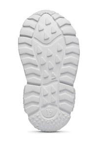 Sole di scarpa in gomma bianca con schemi di trazione prominenti, superficie testurizzata e design della punta arrotondata. Presenta il numero "19" stampato vicino al tallone.