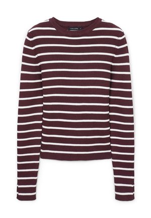 Maglione a maniche lunghe in maglia ribbed con righe orizzontali bordeaux e bianche, scollatura a girocollo e silhouette attillata.