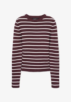 Maglione a maniche lunghe in maglia ribbed con righe orizzontali bordeaux e bianche, scollatura a girocollo e silhouette attillata.