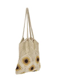 Hæklet shopper i offwhite med solsikkemønstre i gult og brunt. Har to flettede stropper og kvaster. Blød tekstur.